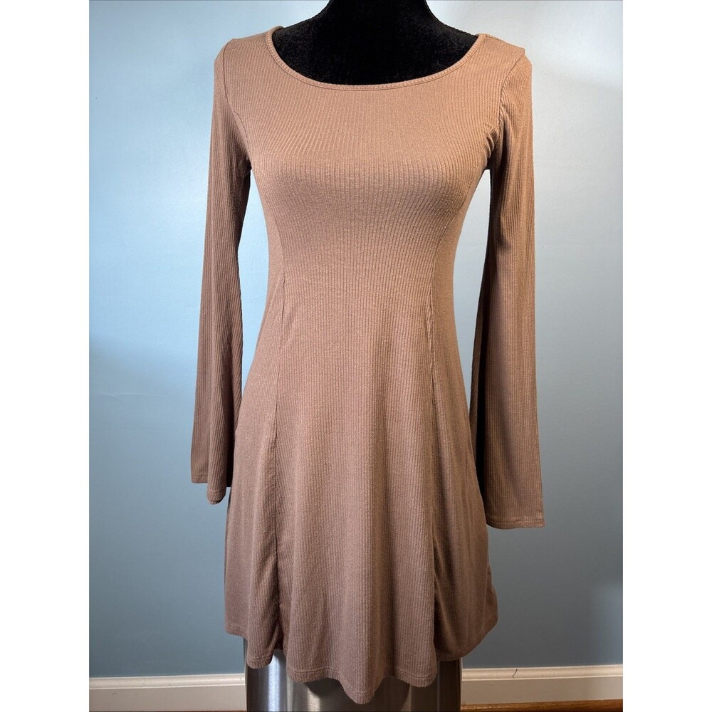 Forever 21 Tan / Brown Bell Sleeve Classic Mini Dress (S) Scoop Neck, Stretch